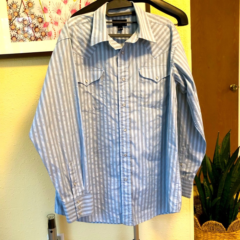 Panhandle Slim Mens Shirt Pearl Snap Blue Silver Threads Western Sz L 16 1/2-36